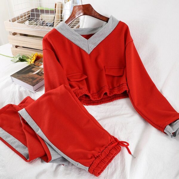 V072 Simple Korean Ins Autumn And Winter New Short V-neck Color Matching Top - Image 5