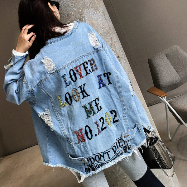 Color Sequin Letters Frayed Holes Loose Denim Jacket