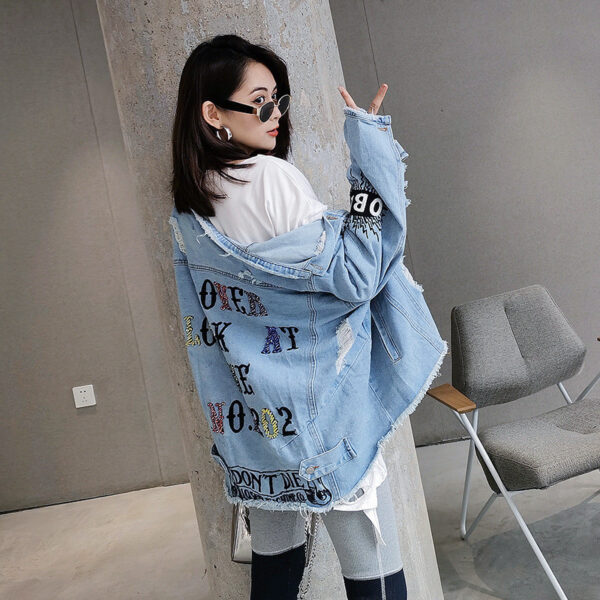 Color Sequin Letters Frayed Holes Loose Denim Jacket - Image 4
