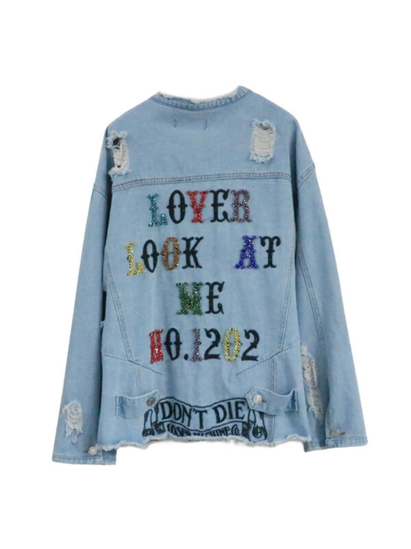 Color Sequin Letters Frayed Holes Loose Denim Jacket - Image 2