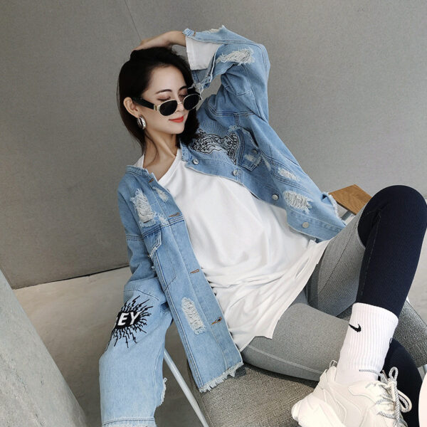 Color Sequin Letters Frayed Holes Loose Denim Jacket - Image 3