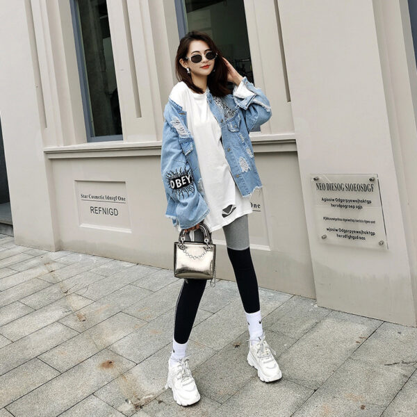 Color Sequin Letters Frayed Holes Loose Denim Jacket - Image 5