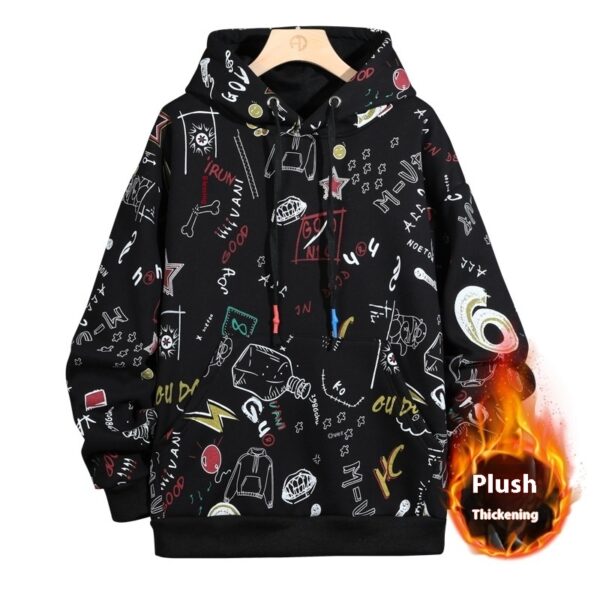 Autumn And Winter Fleece-lined Graffiti Hooded Sweater Men - Image 5