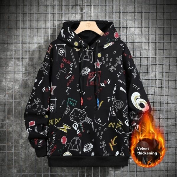 Autumn And Winter Fleece-lined Graffiti Hooded Sweater Men - Image 3