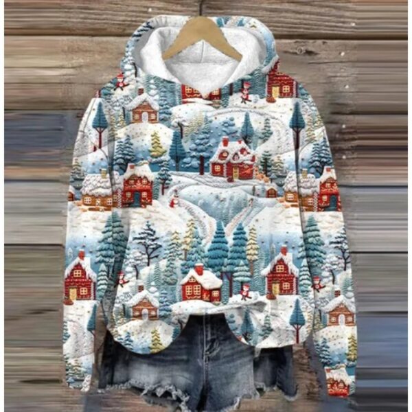 Print Christmas Holiday Casual Hooded Sweater - Image 5